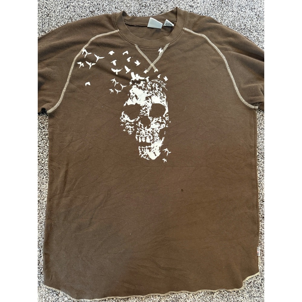 Vintage Gotcha Skull Birds Thermal Shirt Brown Waffle Knit Long Sleeve Large